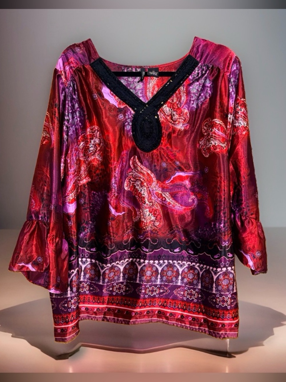 NWT new directions Red & Purple Paisley V-Neck Peasant Blouse with Black Trim-3X